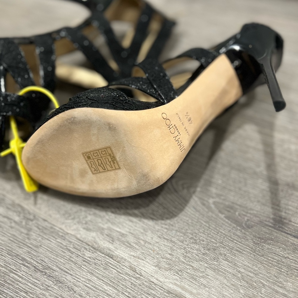 JIMMY CHOO Black Glitter Lace Cage Cut Out Heels Sandals Sz 40.5 - Picture 5 of 8